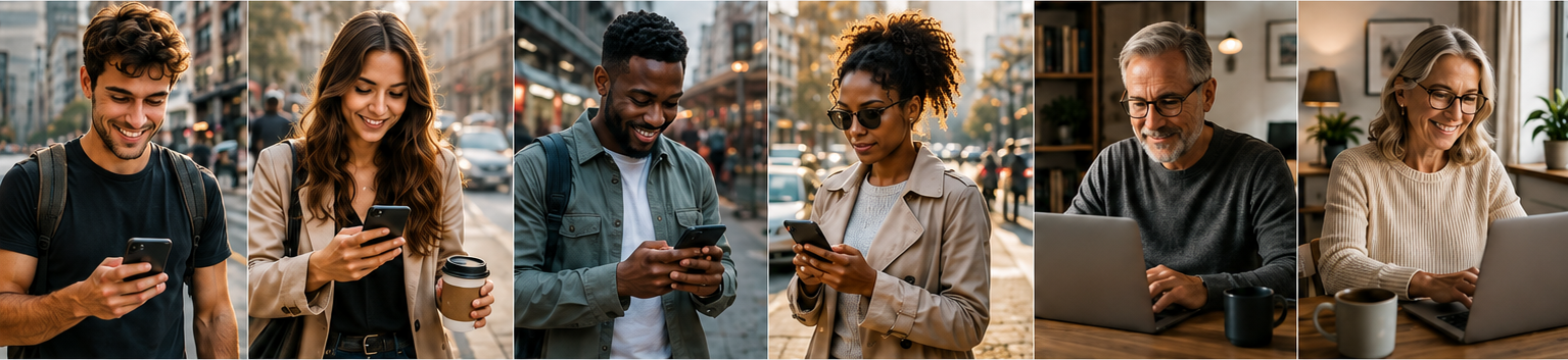 Six diverse customers using smartphones and laptops
